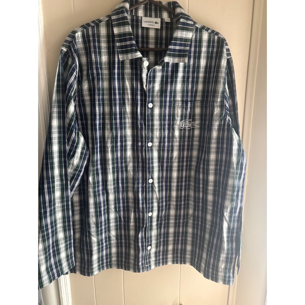 Lacoste Sleepwear Mens Large Navy Green Plaid Pajama Shirt Long Sleeve Button Up